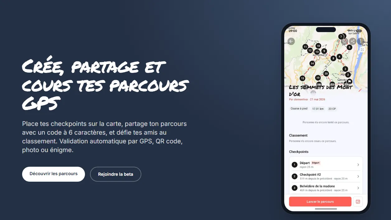 Page d'accueil de Rootka : l'accroche « Crée, partage et cours tes parcours GPS » à côté de l'application montrant un parcours de 17 km à 23 checkpoints dans les monts d'Or